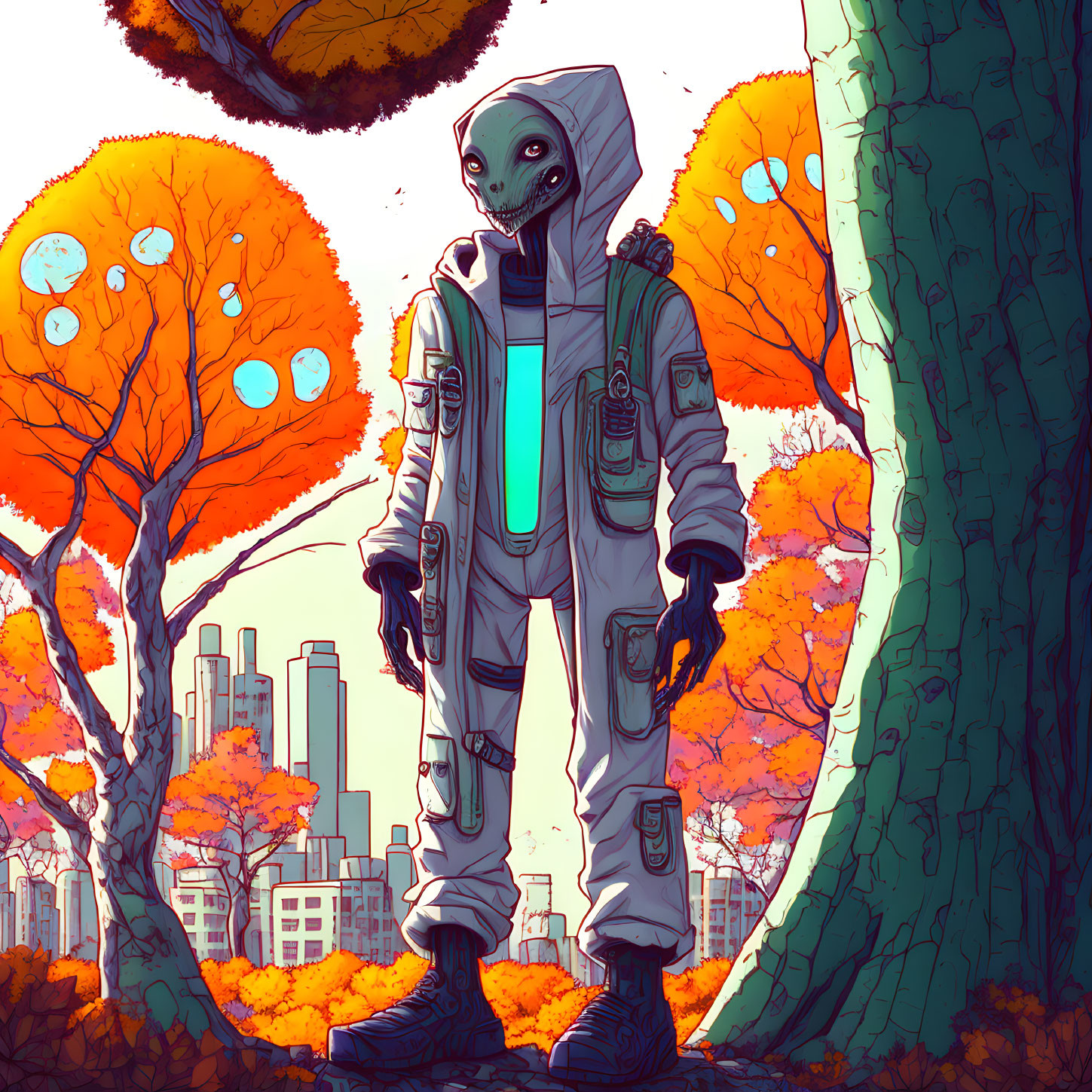 Futuristic alien in autumn forest with cityscape backdrop