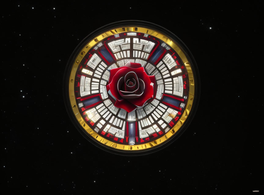 Stylized rose with sci-fi spaceship corridor segments in starry space