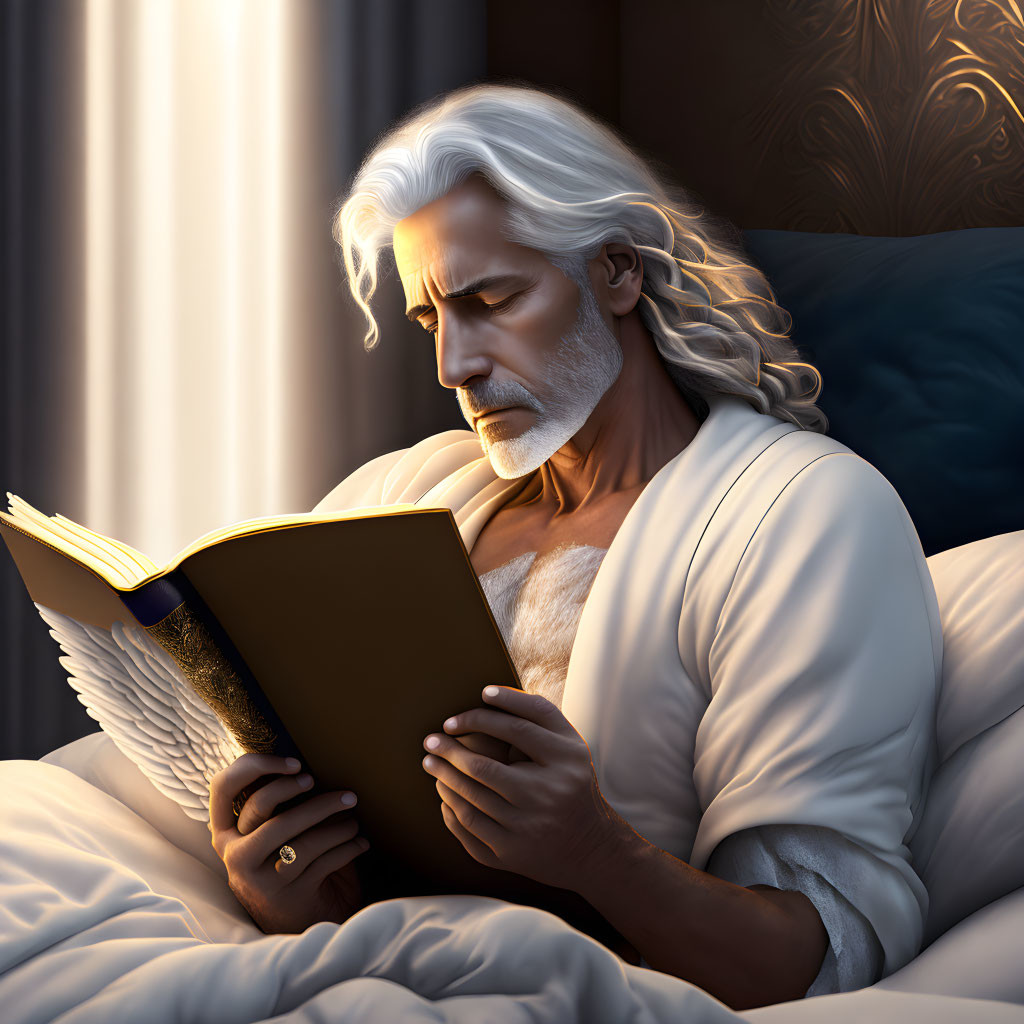 White-Haired Angelic Elder Reading Book in Bed with Sunlight Filtering Through Curtains