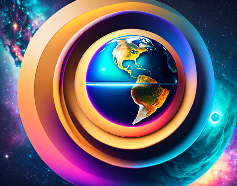 Colorful Earth Artwork with Cosmic Rings on Starry Background