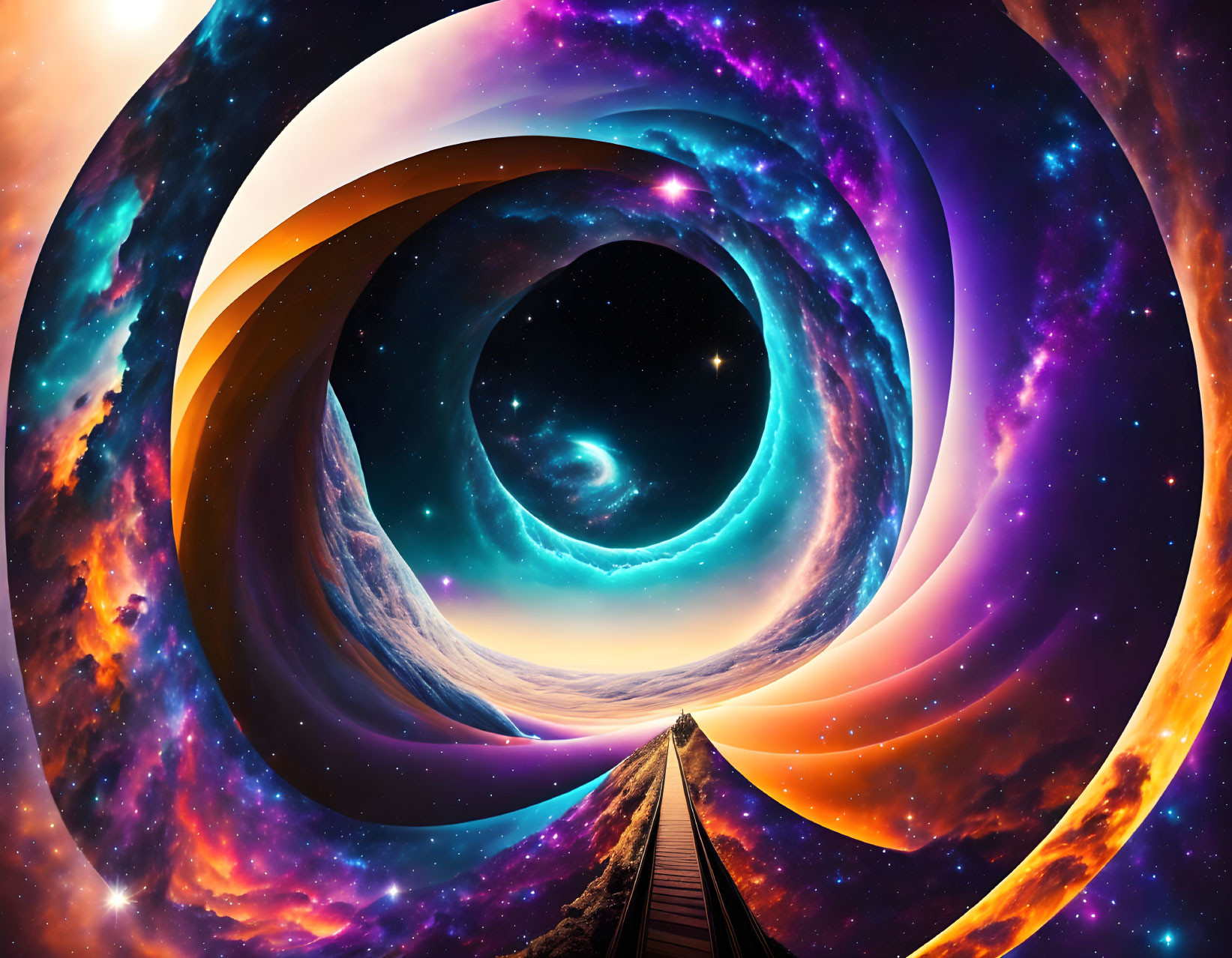 Vibrant cosmic vortex in surreal landscape with wooden pathway