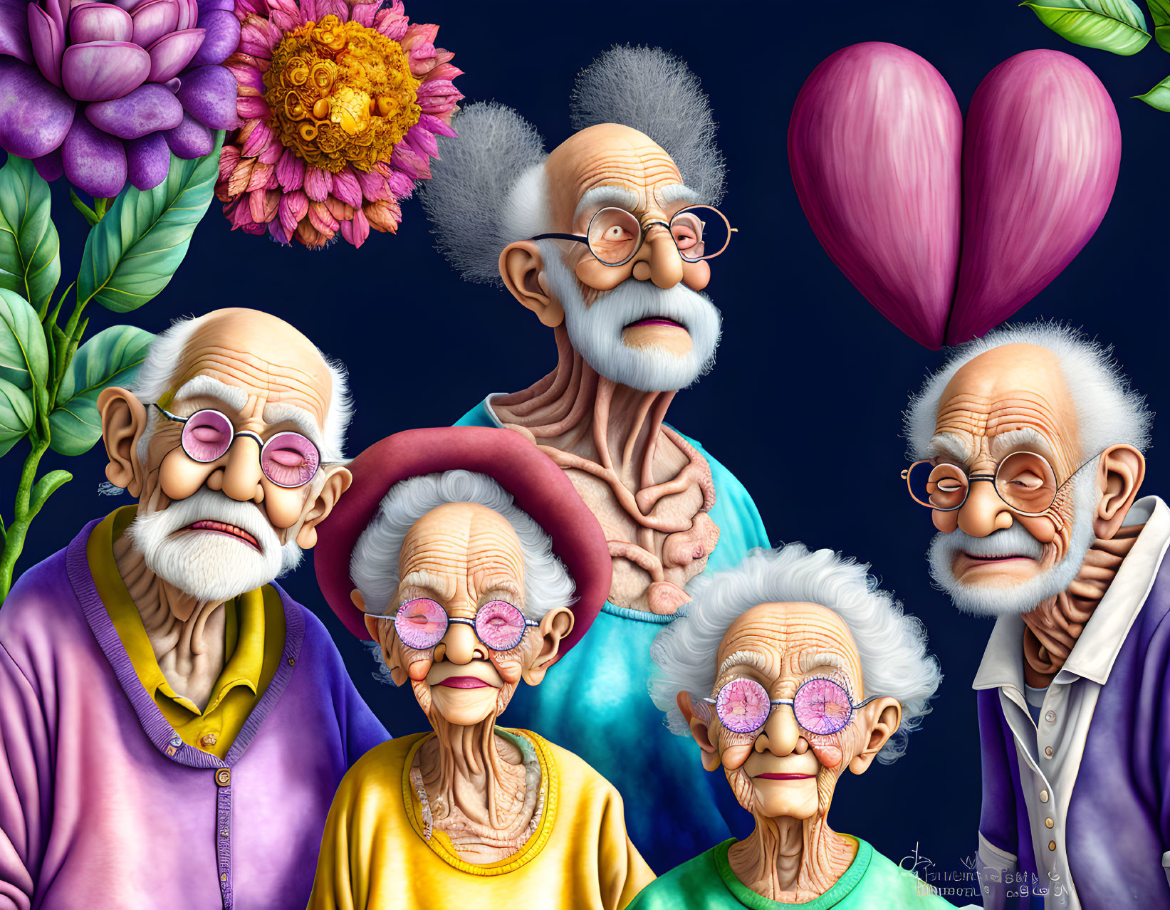 Colorful Elderly Characters Surrounded by Flowers and Balloon