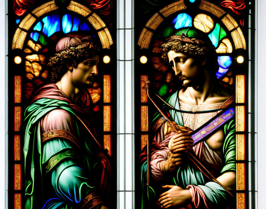 Colorful stained glass window with figures in classical robes and halos.