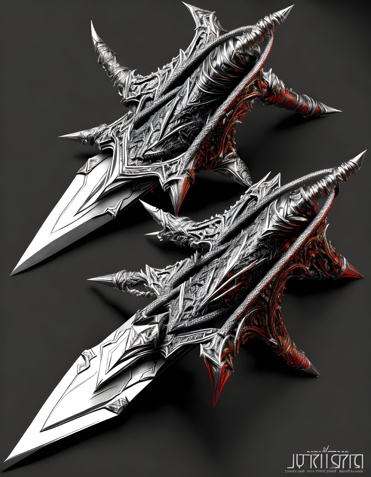 Intricate Fantasy Daggers with Silver Designs and Red Accents