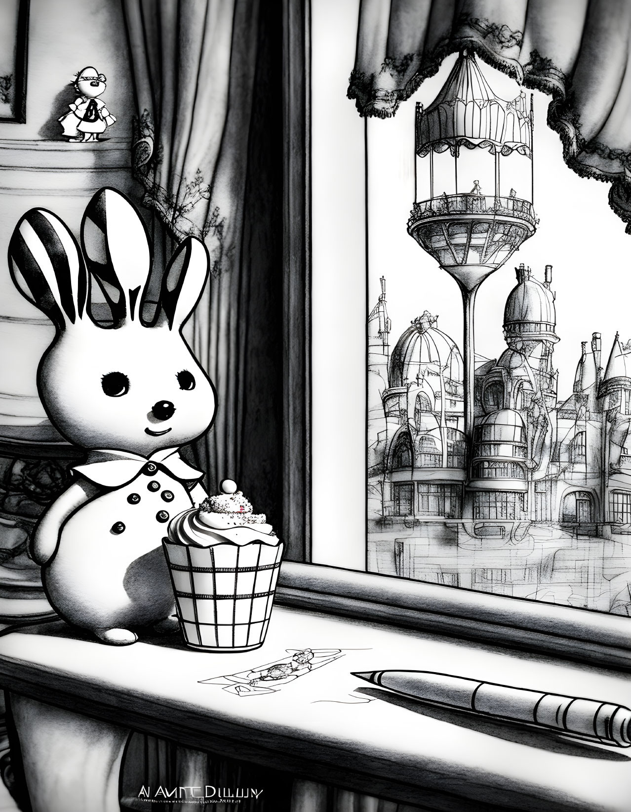 Illustrated rabbit in dress shirt with ice cream by window in fantasy cityscape.