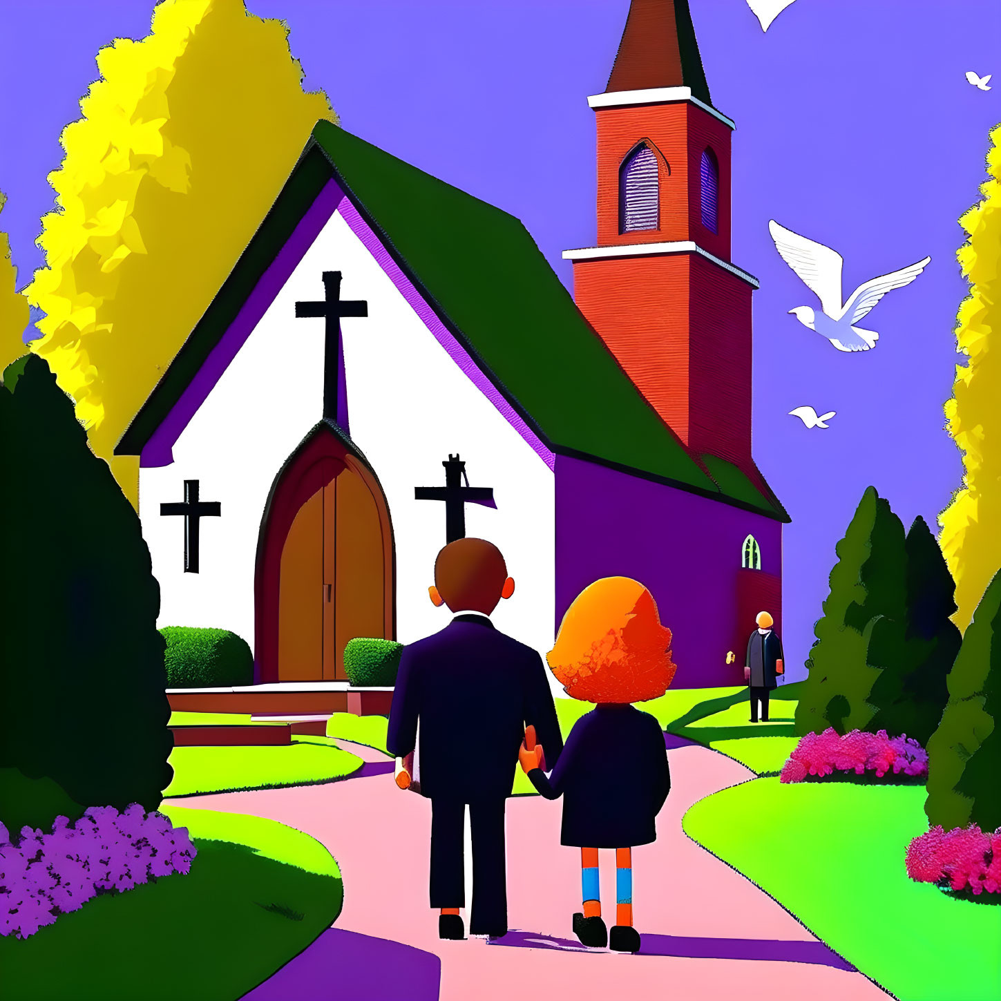 Stylized image of people walking to colorful church under purple sky