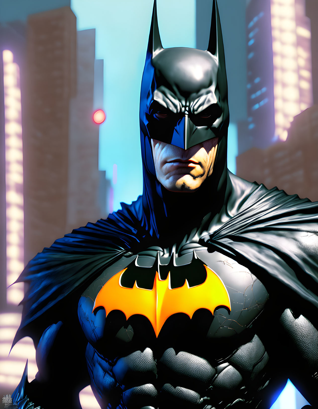 Brooding Batman in Black Cowl and Cape Illustration