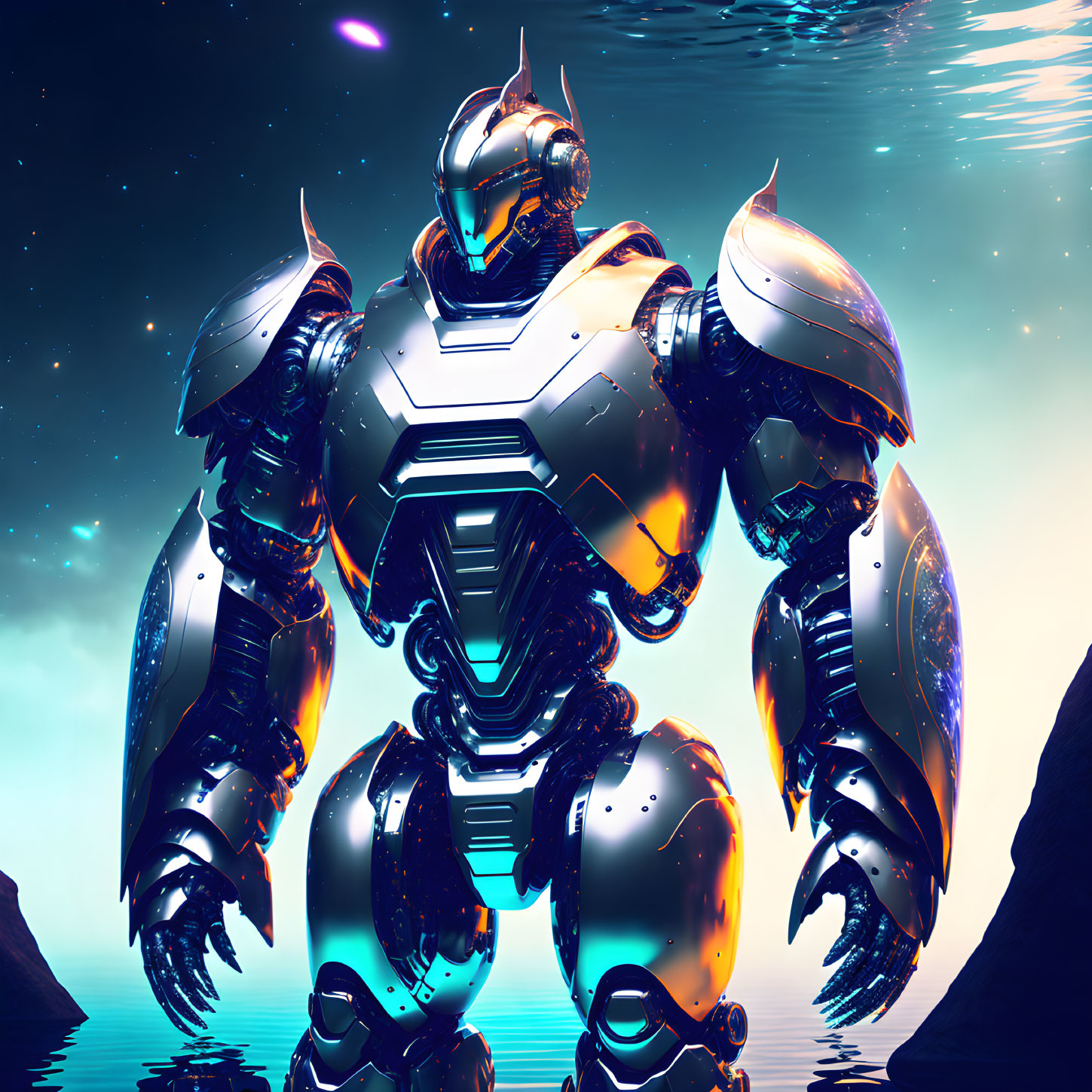 Armored robot in futuristic cosmic setting.