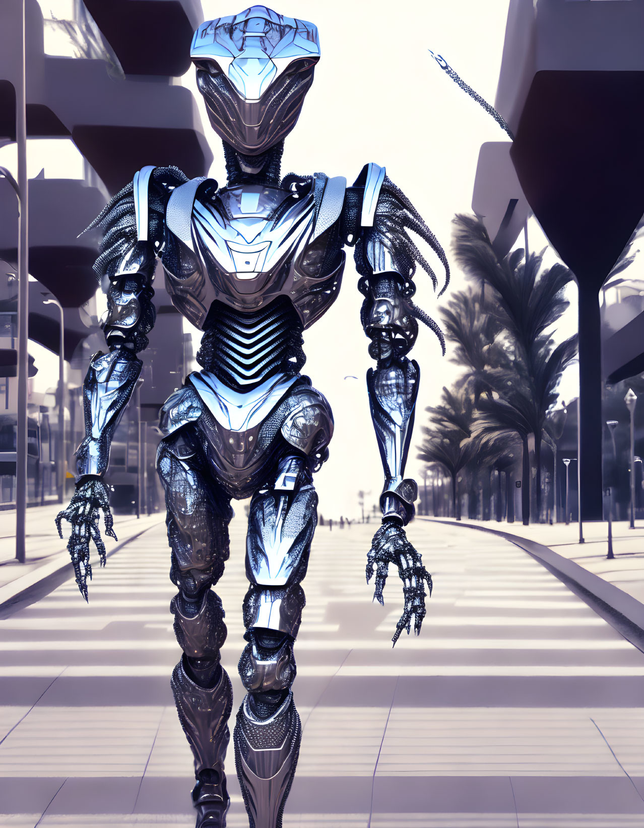 Futuristic robot in sleek metallic design strolling urban promenade