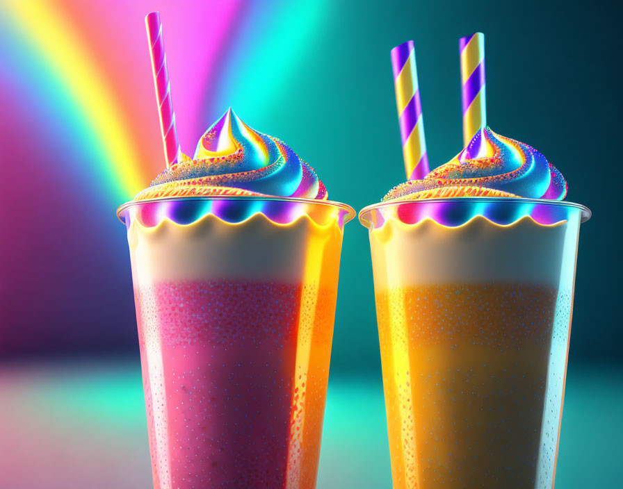 Colorful whimsical milkshakes with swirled whipped cream on rainbow gradient background