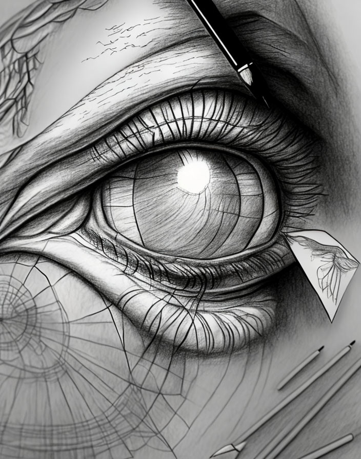 Detailed Human Eye Pencil Sketch with Realistic Shading and Nature Elements