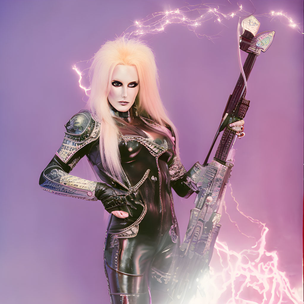 Futuristic woman with white hair and electric guitar in purple lightning effects