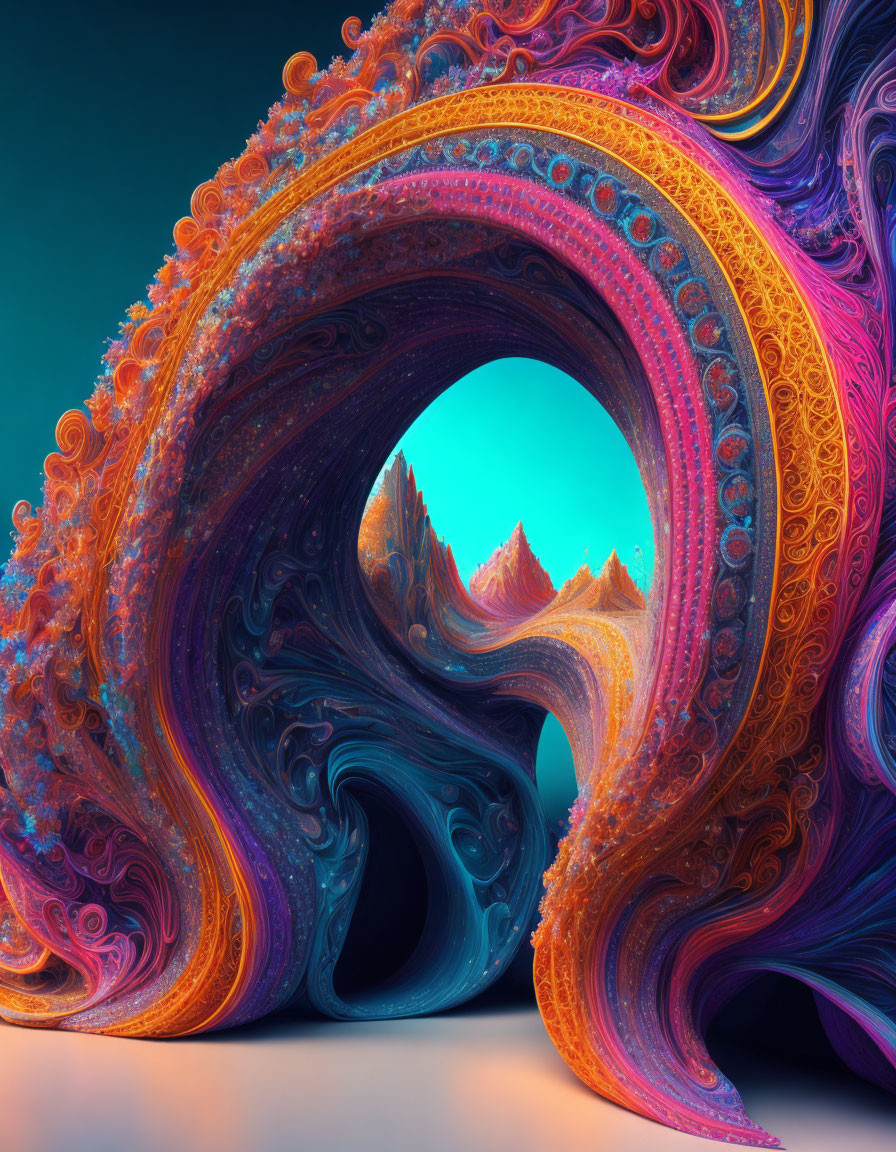 Colorful Digital Artwork: Intricate Orange and Blue Fractal Patterns