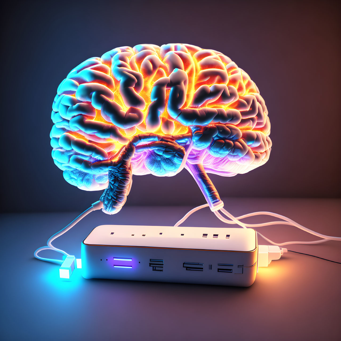 Neon brain connected to USB hub on dark background