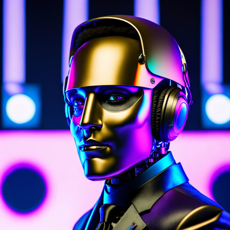 Futuristic robot with human-like face in headphones against neon-lit background