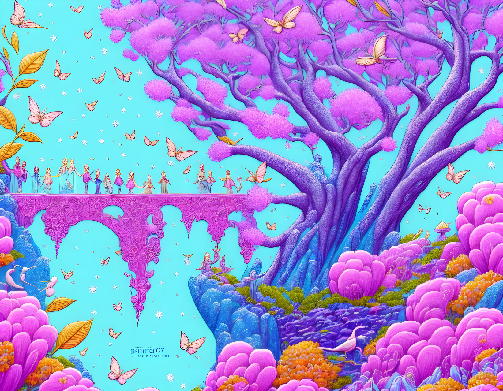 Colorful Fantasy Landscape with Pink Trees, Bridge, Figures, Flowers, and Butterflies