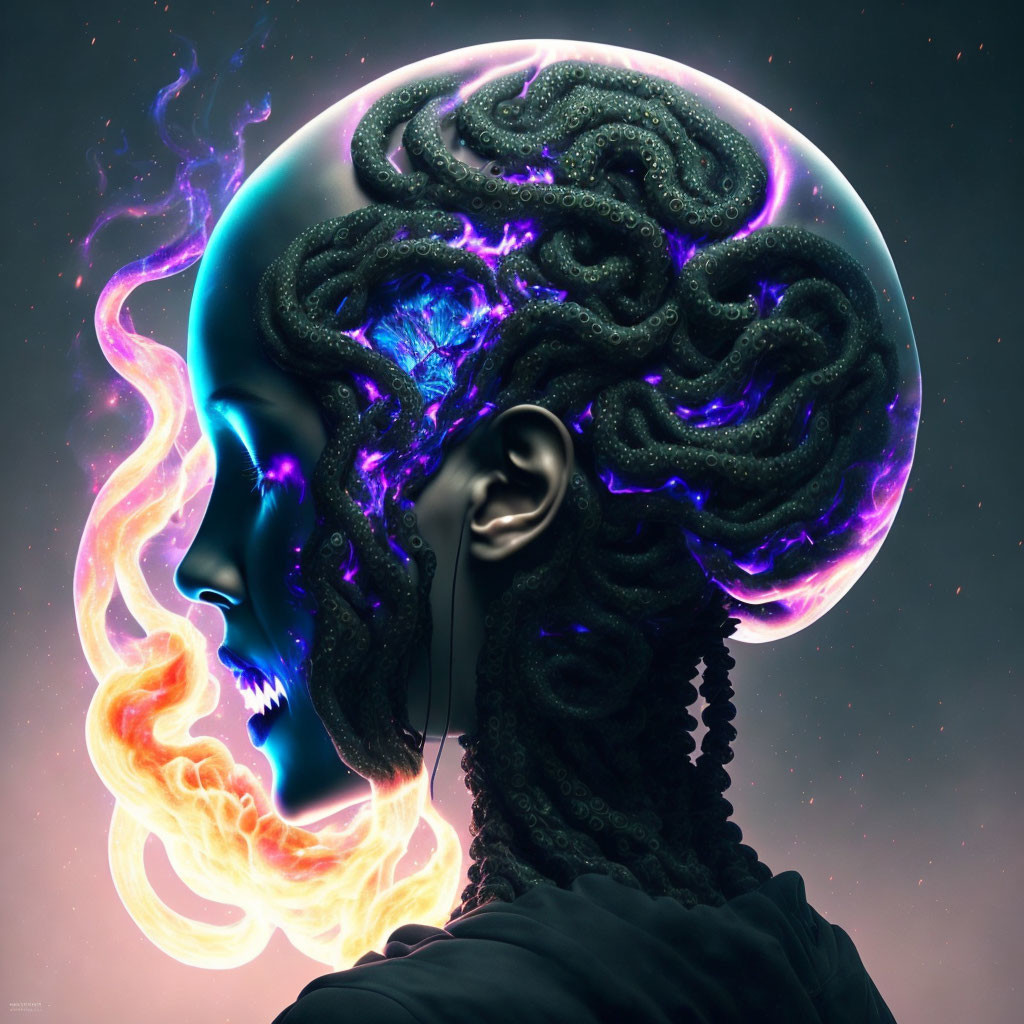 Surreal human profile with glowing aura and cosmic brain on dark background