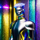 Futuristic metallic android with purple hair and headphones on colorful glittery backdrop