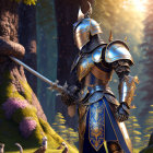 Armored knight with glowing blue sword in forest with ancient structures.