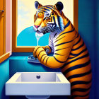 Illustration of tiger at sink with mirror and window view