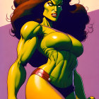 Muscular, Green-Skinned Female Superhero in Purple and White Outfit