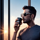 Man in sunglasses holding coffee cup by window at sunset