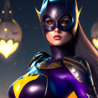 Female superhero with bat-themed mask and glowing emblem in night sky