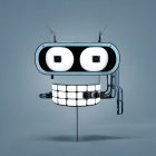 Whimsical silver robot head with googly eyes and toothy grin on blue background