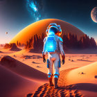 Astronaut on alien planet with moons and starry sky