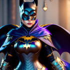 Elaborate Batgirl costume with cowl, cape, and bat emblem pose against soft background