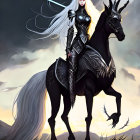 White-Haired Warrior on Black Steed in Stormy Scene