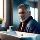 Elderly man with gray hair and beard in bathrobe gazes at mirror