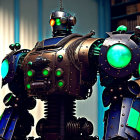 Futuristic robot with glowing blue lights in library setting