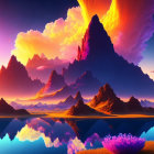 Colorful surreal landscape with sharp mountains, reflective lake, oversized planet, and nebula.