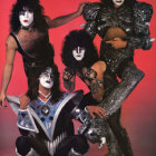 Four individuals in KISS-style costumes against pink cloud backdrop