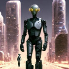 Futuristic robot with glowing yellow eyes in cityscape.