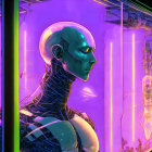 Futuristic android with exposed neck cabling in glowing purple chamber