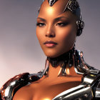 Futuristic woman in metallic armor with gold details on warm gradient background