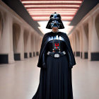 Person in Darth Vader costume in grand hallway with arched ceilings and columns