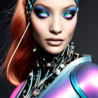 Colorful humanoid robot with blue eyeshadow and orange hairpiece holding futuristic device
