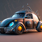 Customized Volkswagen Beetle with metal spikes and electrifying details on orange gradient.