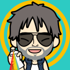 Cartoon avatar with tousled hair and sunglasses holding shopping bags on blue background.