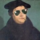 Vibrant modern depiction of historical figure with beret and sunglasses