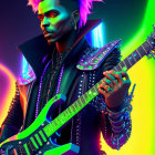 Futuristic character with neon hair playing electric guitar in cyberpunk setting