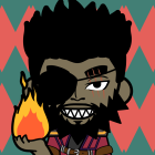 Person with dark skin, afro, and flame in hand on teal and orange background