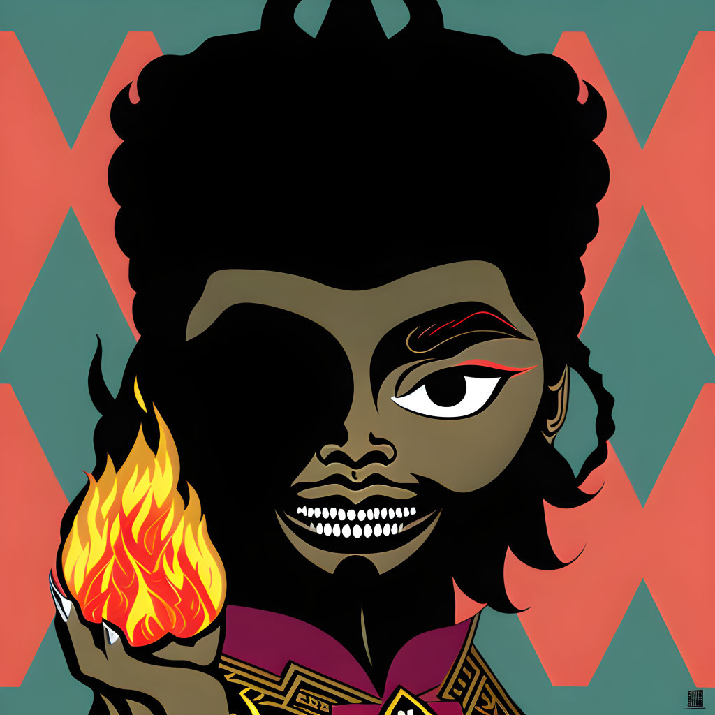 Person with dark skin, afro, and flame in hand on teal and orange background