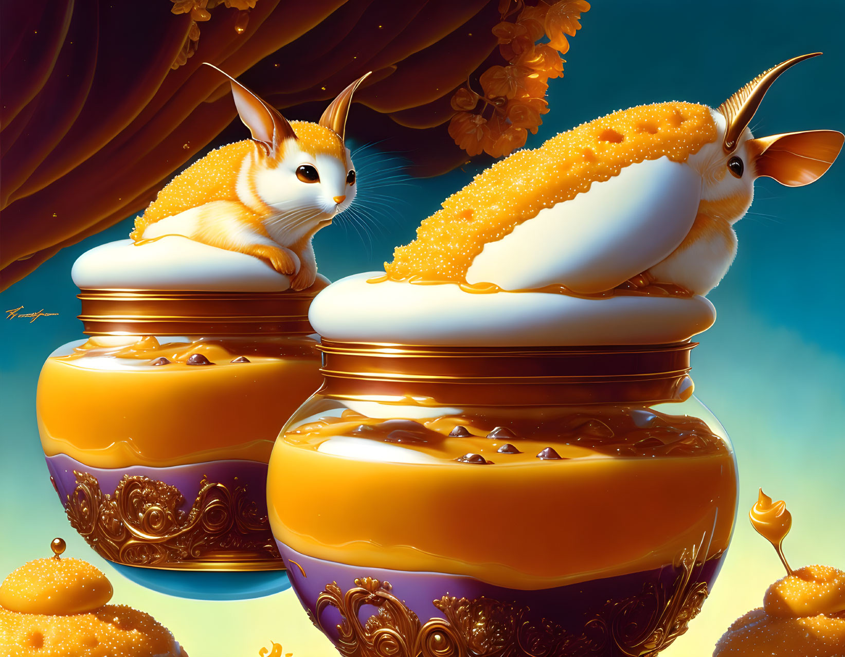 Surreal whimsical snails on ornate jars with honey-like substance under blue sky