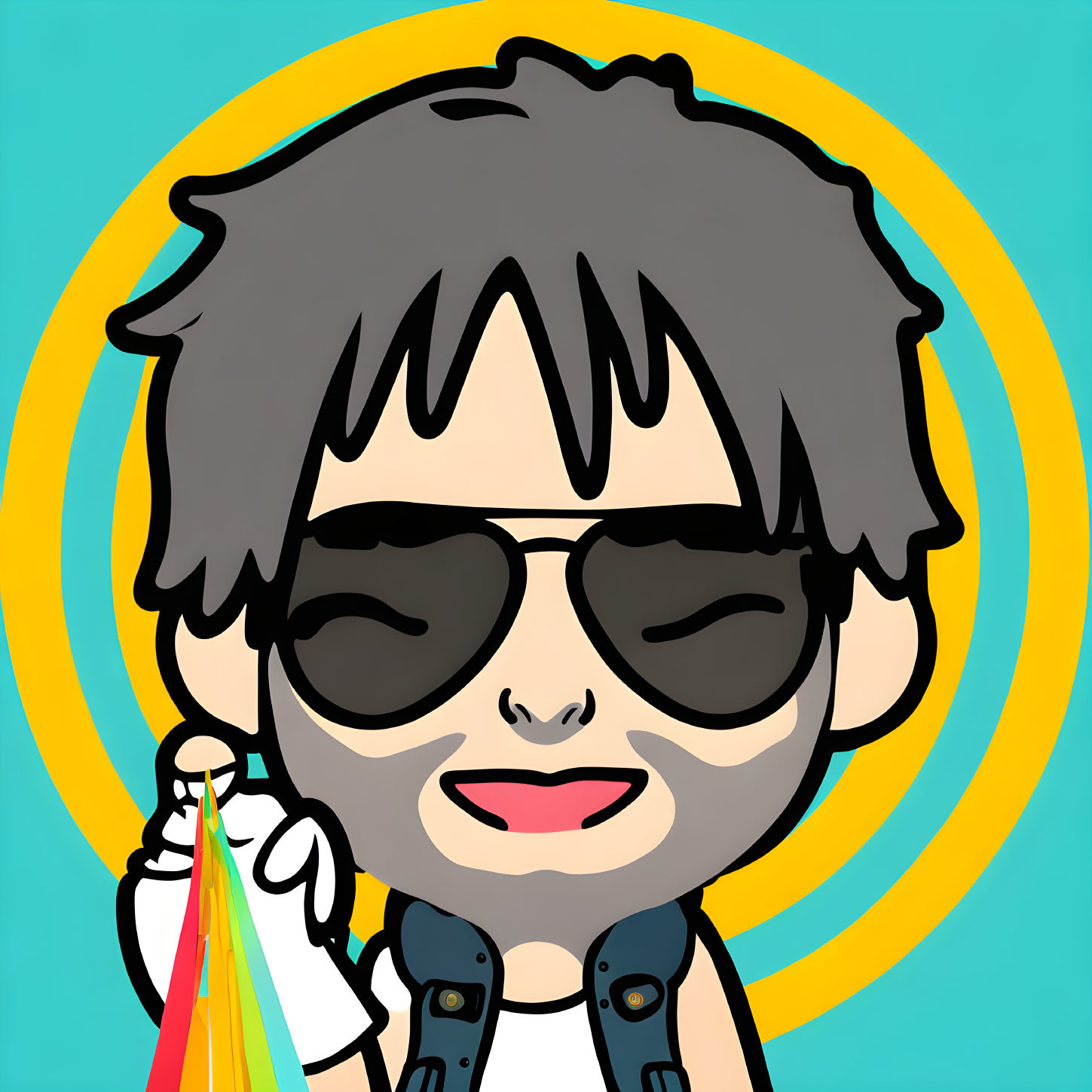 Cartoon avatar with tousled hair and sunglasses holding shopping bags on blue background.