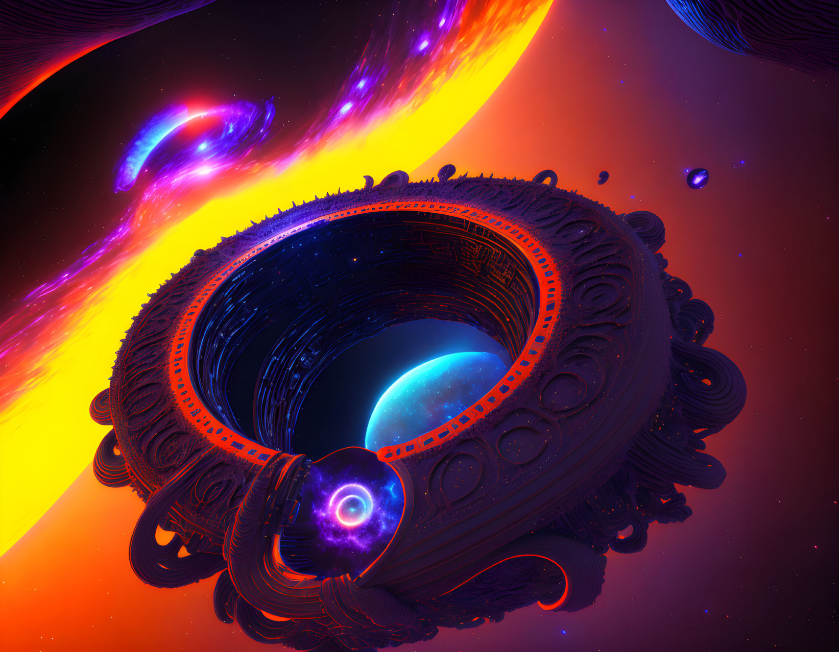 Intricate ring-shaped alien structure in vibrant sci-fi scene