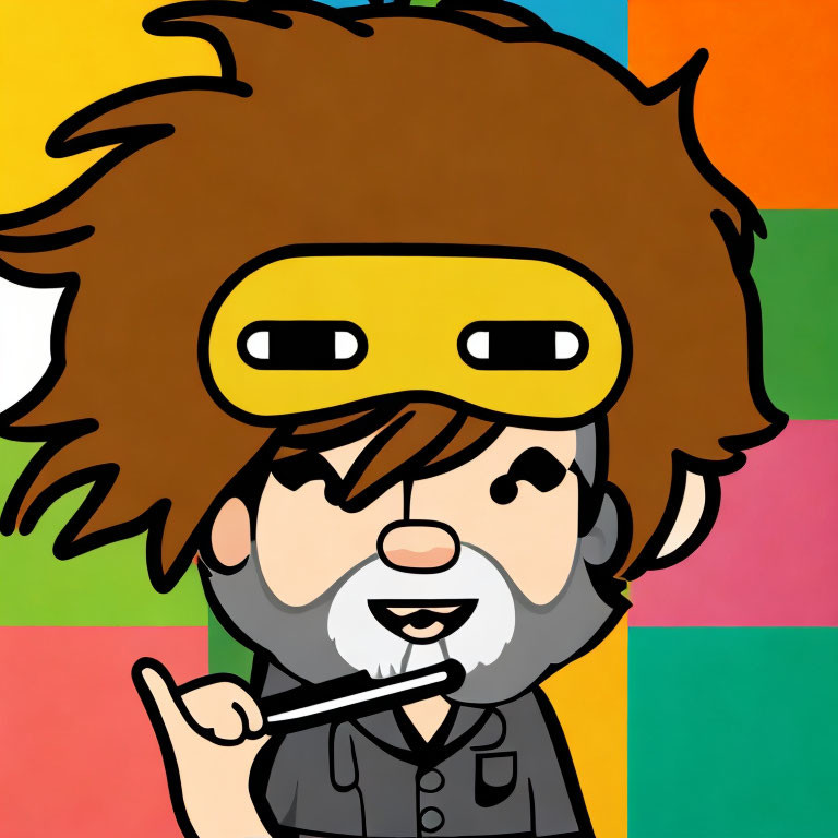 Stylized character with brown hair and beard holding a pen on colorful square background